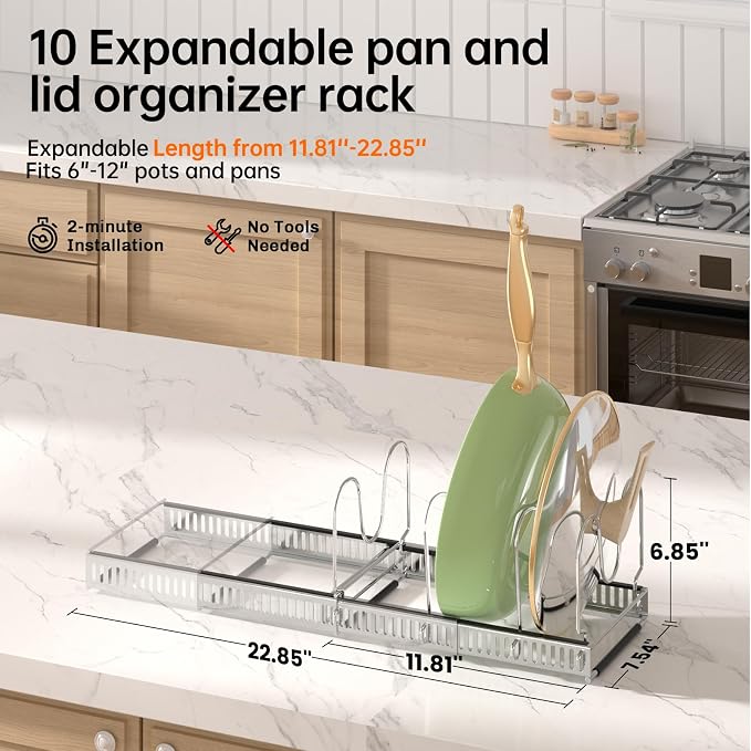 MUDEELA Expandable Pot Pan Lid Organizers inside Cabinet, 10 Divider-Silver | Expandable 11.8–22.9", 10 Adjustable Divider, Tool-Free Assembly, Non-Slip, Scratch-Proof, For Pan Lid Cutting Board Bakeware - Image 2