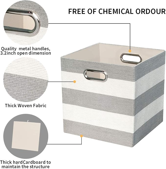11x11 Storage Cubes Collapsible Fabric Bins Set of 4,Grey-white Striped | Fabric Storage Drawers Cubby Organizer Bins Striped Container for Organizing Home Office Wardrobe Closet Shelf - Image 3