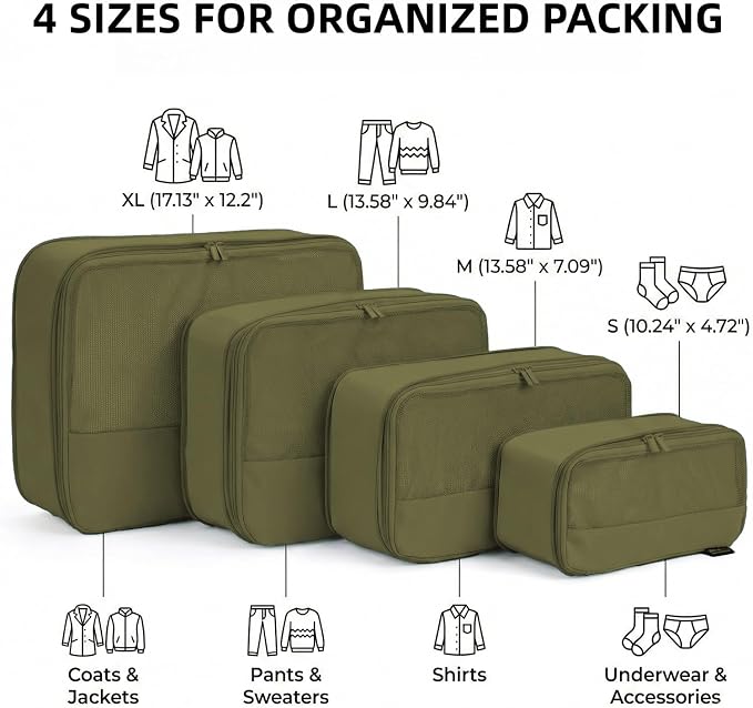 4 Piece Compression Packing Cubes for 3–7 Day Travel, Space Saving Travel Organizers with Breathable Mesh, Double-Zipper Packing Cubes for Carry-On & Suitcases (Green) - Image 3
