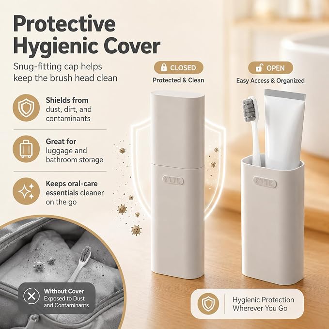 HyJeryty Ventilated Compact Grey Toothbrush Travel Case, Portable Toothbrush & Toothpaste Holder Cover Organizer Container with Mouthwash Cup for School, Camping, Business Trip, Bathroom Storage - Image 4