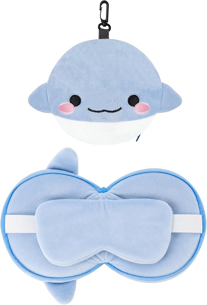 U Scinan Cute Animal 2-in-1 Travel Pillow and Eye Mask – Portable Neck Pillow with Adjustable Strap, Soft Plush Support for Airplane, Car, Train(Dolphin) - Image 9