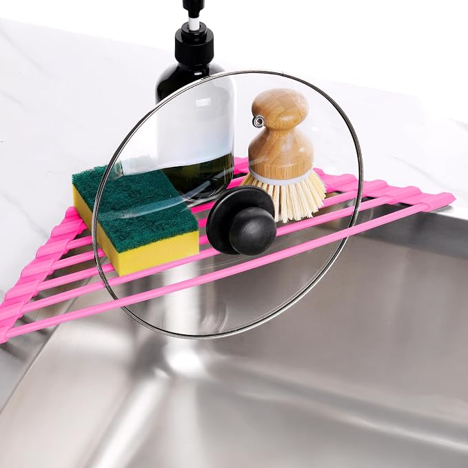 Tomorotec Roll Up Dish Drying Rack with Silicone Coating, Hot Pink | 304 Stainless Steel with BPA-Free Silicone, Triangle Design Maximizes Sink Corner Space, Fits Compact Kitchens And RVs - Image 6