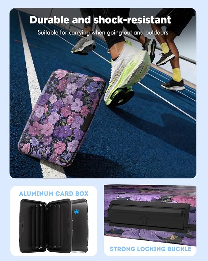 Maicican RFID Blocking Aluminum Credit Card Holder | Slim Metal Wallet for Women & Men, Business Card Case for Travel, Fits Front Pocket, Card holder wallet - Purple flowers - Image 7