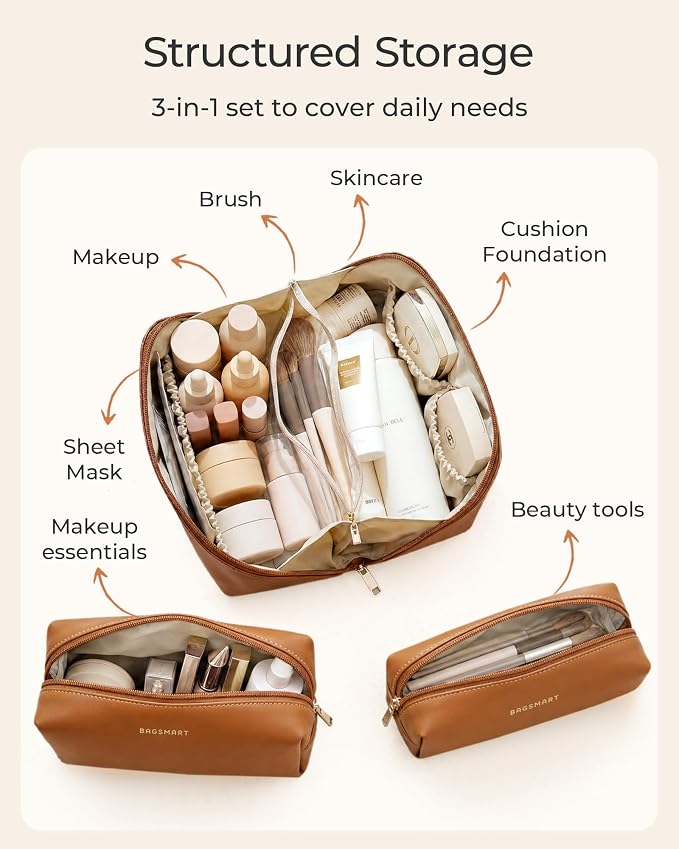 BAGSMART Makeup Bag Travel 3 Pcs Set Cosmetic Bag,Toiletry Bag,Black | 3 Pcs Set Large Make Up Bag Flat Open for Women, PU Leather Travel Essentials Organizer, Wide-open Pouch for Skincare,Brushes - Image 2