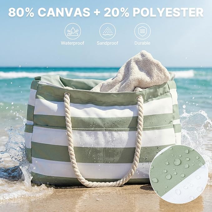 G4Free Canvas Beach Tote Bag Waterproof Sandproof, Large Pool Swim Bag | Foldable Tote for Women, for Travel Grocery Daily - Image 7