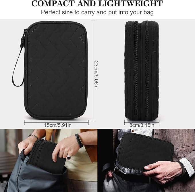 FYY Electronic Organizer, Travel Tech Pouch Bag, Large, Black Quilted | Wrist Strap, Waterproof, Double Layers Portable Electronics Travel Carrying Case for Cord, Charger, Daily Business Trips Use - Image 2