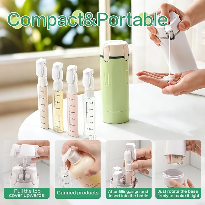 4 in 1 Travel Dispenser Bottle Flying Essentials Camping Toiletries Pump Leak Proof Size Portable Containers Refillable for Shampoo Lotion Creams Body Wash Conditioner Attached Label (White) - Image 5