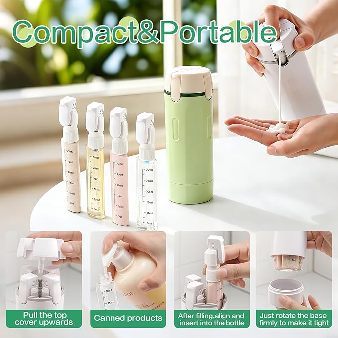4 in 1 Travel Dispenser Bottle Essentials Camping Toiletries Pump TSA Approved Leak Proof Size Portable Containers Refillable for Shampoo Lotion Creams Body Wash Conditioner Attached Label (Green) - Image 5