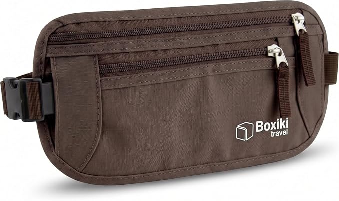 Money Belt for Travel with RFID Blocking Technology - Hidden Travel Money Pouch for Cash, Credit Cards, Passport, and Travel Valuables - Secure Water Resistant Money Belt for Men and Women (Brown) by BoxikiTravel