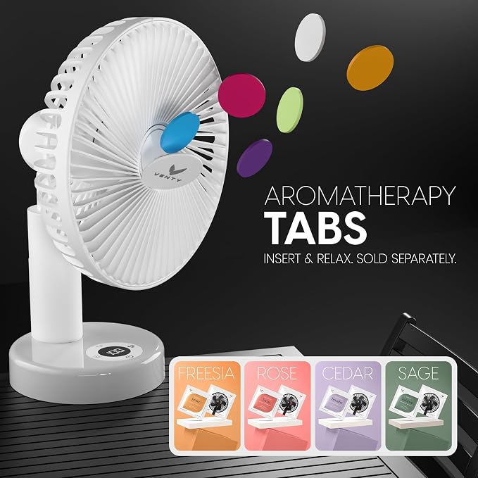 VENTY Portable Clip Fan - Rechargeable 10-Hour Battery Portable Fan - 360° Rotation & 90° Tilt - Stroller Fan, Desk Fan or Bedside Fan - Aromatherapy & LED Light - USB-C Rechargeable Clip On Fan - Image 9