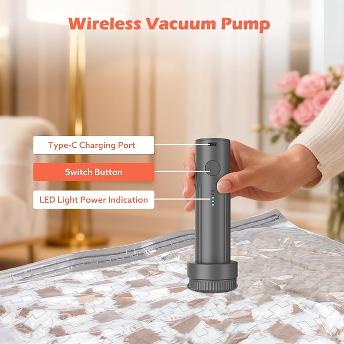 Travel Vacuum Bags with Wireless Charging Air Pump, 9 Pack Vacuum Seal Bags with 3 Sizes for Clothing Travel, Space Saver for Luggage, Business Trip, Home Storage - Image 2