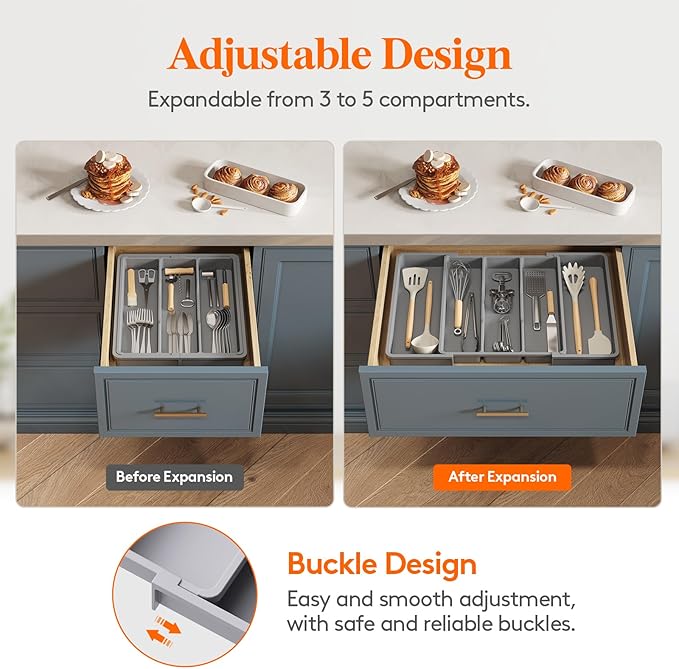 Lifewit Utensil Organizer for Kitchen Drawers, Expandable Utensil Tray | Adjustable Cooking Cutlery Silverware Flatware Holder, Plastic Spatula Tools Storage Divider, 13-22 x 15", Gray - Image 4