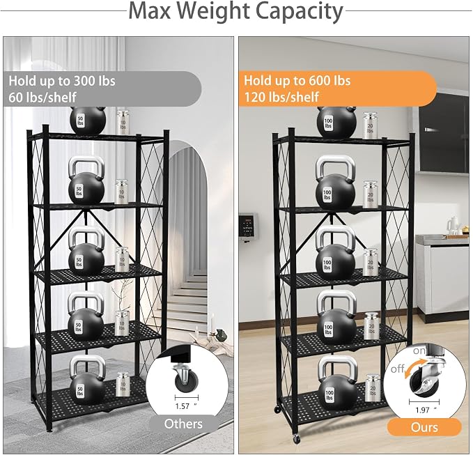 5 Tier Folding Shelf with Wheels,Metal Steel Collapsible Shelves | No Assembly Portable Shelves Organizer Rack,Rolling Standing Utility Rack for Kitchen, Pantry, Office, Black - Image 5