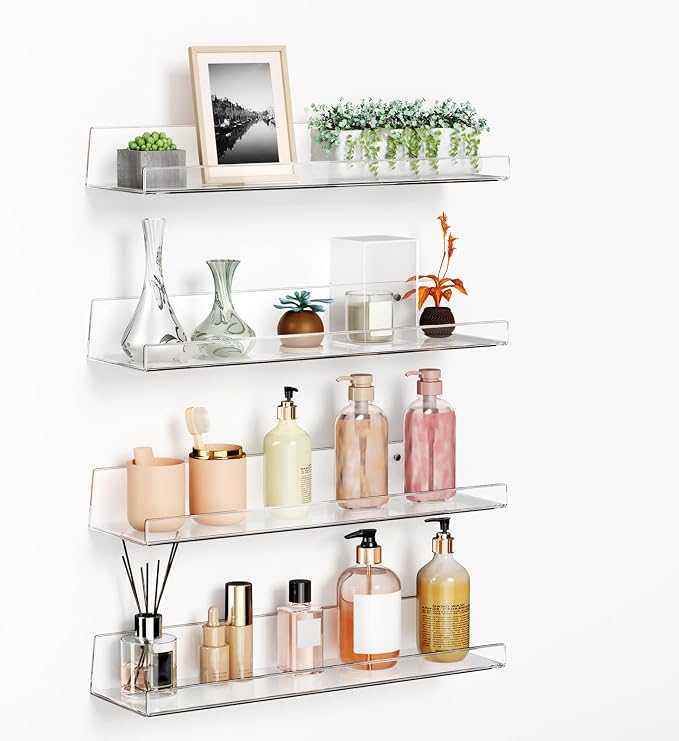 4 Pack Acrylic Shelves for Wall, 15 Inch Clear Adhesive Floating Shelf | Dual-Mount No Drill/Screw Waterproof Wall Shelf, Rustproof Storage Rack for Bathroom, Kitchen, Living Room, Bedroom by Albumgit
