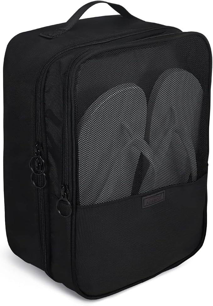 Black Shoe Bag for Travel, 2 Layers Waterproof Shoes Organizer | Holds 3 Pairs,Trolley Strap,Easy Clean Lining,Leak Proof,Dual Zippers by Aosbos