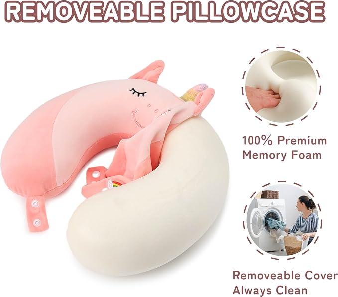 Memory Foam Kids Travel Neck Pillow for Ages 9+, Removable Cover, Unicorn | Machine washable, 17 in neck size for teens and adults, 360-degree head and chin support, car and airplane use - Image 3