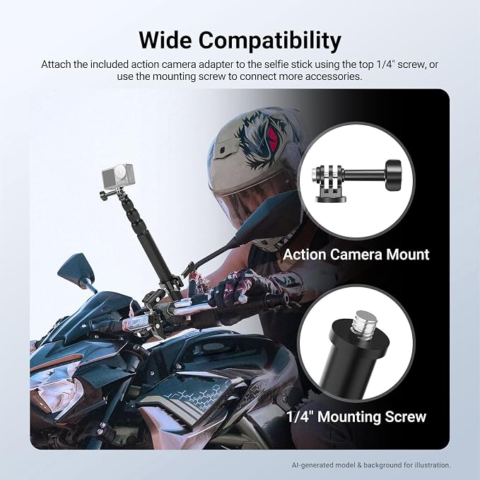 NEEWER Motorcycle Mount Accessories Kit Compatible with GoPro Insta360 DJI, Bike Tail Handlebar Invisible Selfie Stick Double Clamp Holder with Action Camera Adapter for POV Video Recording, GP-30 - Image 3