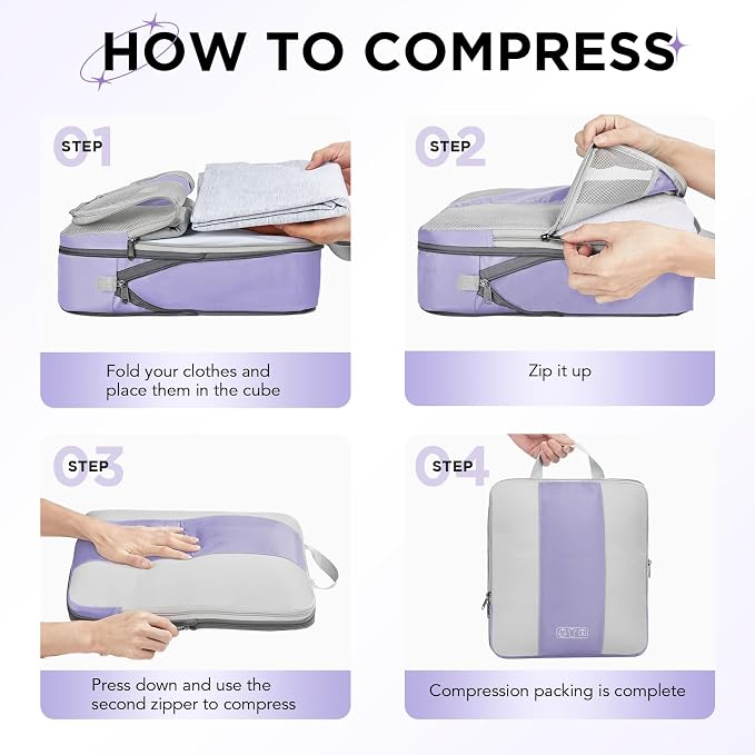 OlarHike 8 Set Compression Packing Cubes for Travel Essentials,Compressible Expandable Space Saver Bags for Organizing Clothes,Luggage Suitcase Garment Bags with Over 1000 pcs Mesh Holes(Purple Gray) - Image 3