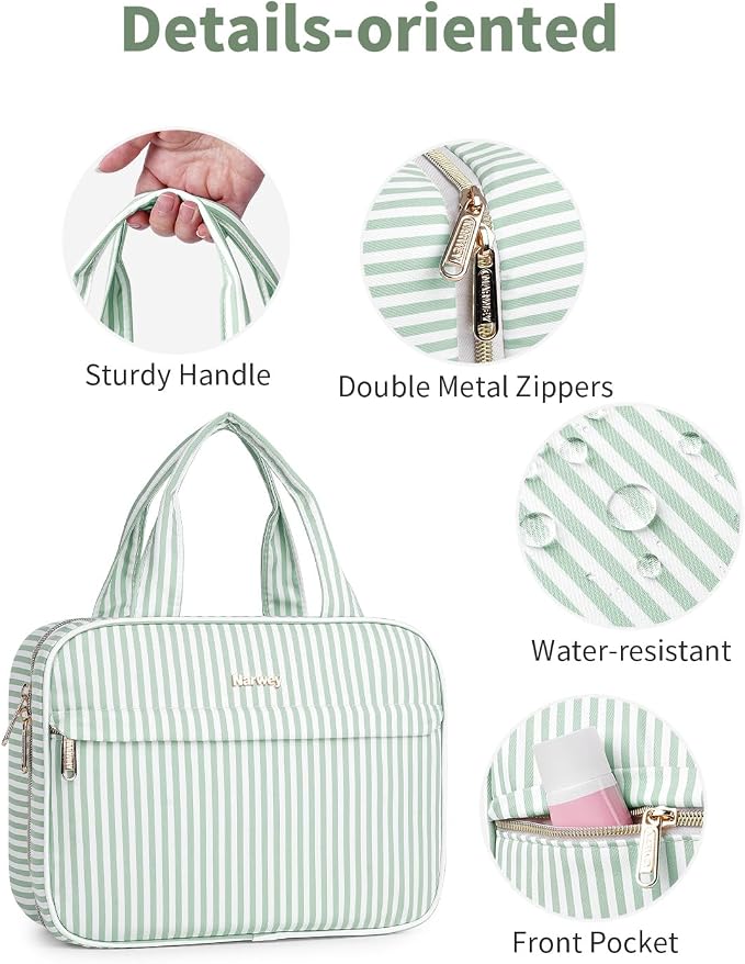 Narwey Striped Hanging Toiletry Bag for Women Travel Makeup Bag Organizer Cosmetic Make Up Toiletries Bag for Travel Essentials Accessories (Mint Green Stripe, Medium) - Image 4