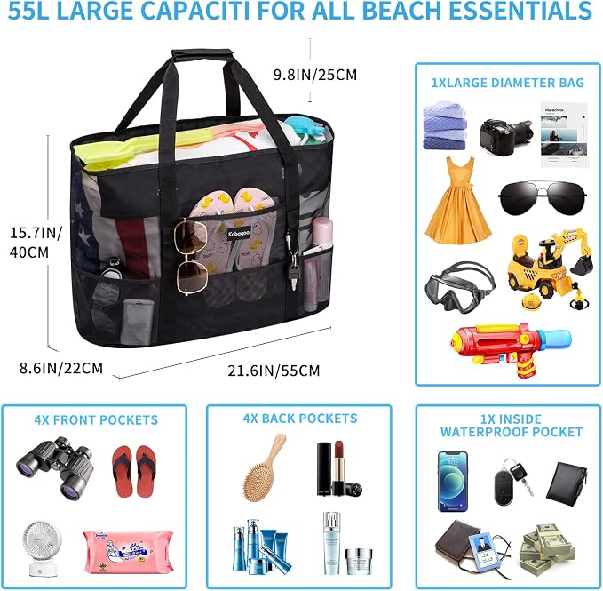 KABAQOO Mesh Beach Bag, Extra Large Beach Bags with 9 Pockets & Zipper Waterproof Lightweight Beach Tote for Beach/Pool Trip - Image 3