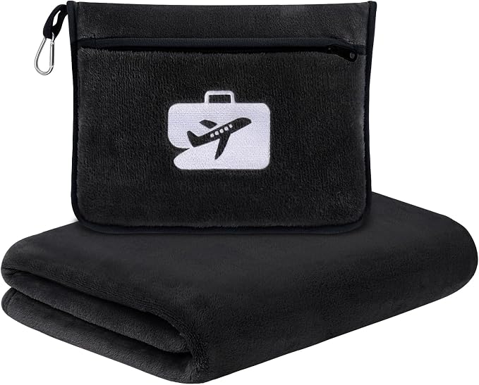 Travel Pillow and Blanket 2-in-1 Set Airplane Black 60x50 Inch | Plane Packable , Soft Warm and Lightweight Flannel, Hand Luggage Sleeve and Backpack Clip, Plane Flight Car Trips by SINLAND