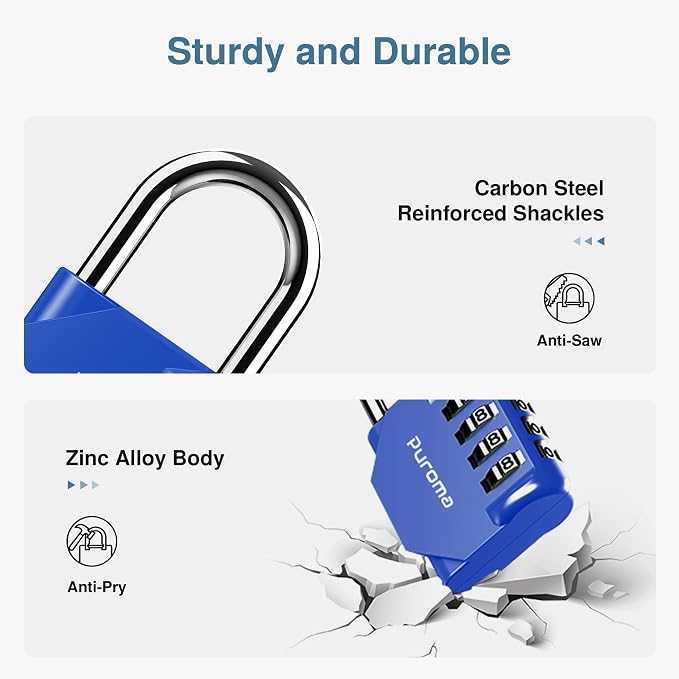 Puroma 2 Pack Combination Lock Locker 4 Digits Combo Padlock Gym Blue | For School Gate Fence Toolbox Hasp Storage, Outdoor, Resettable, Weatherproof, Side Window, Crack Cut Resist, Hardened Steel - Image 4