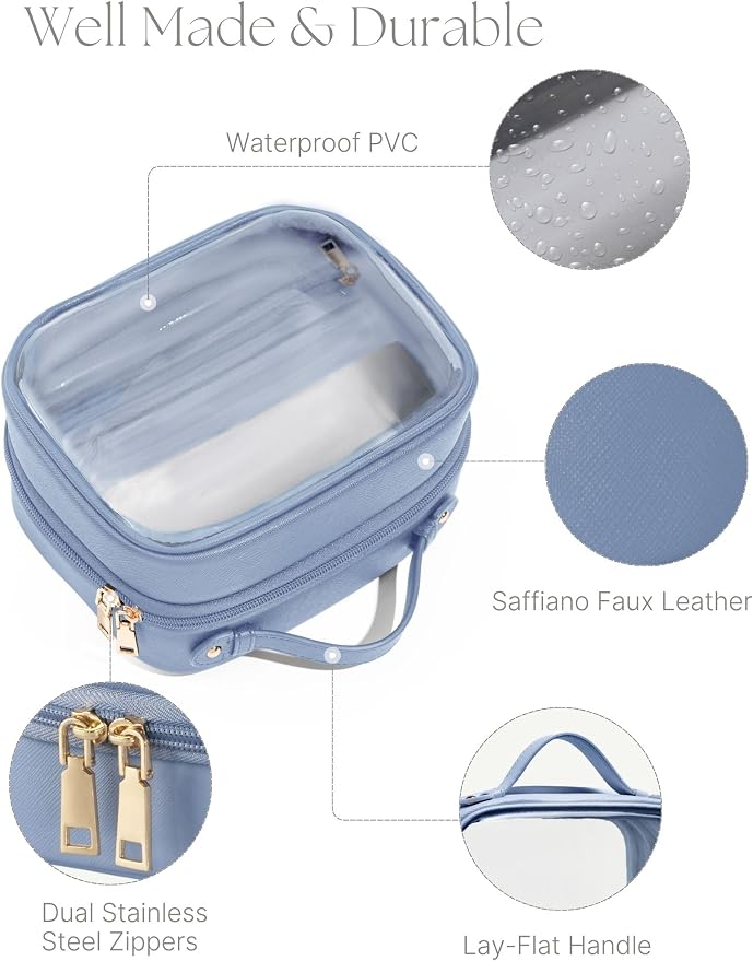 Clear Cosmetic Bag Double Layer Travel Toiletry Bag Clear Makeup Bag Case with 4 Compartments, Transparent Travel Bag for Toiletries, Large Toiletry Bag for Women Cosmetic Case (Dusty Blue, Small) - Image 5