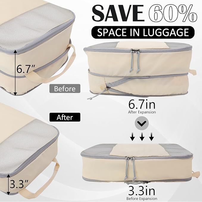 Compression Packing Cubes for Travel Packing Organizers, Mesh Beige, XL | Expandable Travel Cubes for Packing Suitcase Organizer Bags Compression Bags for Travel Accessories - Image 2