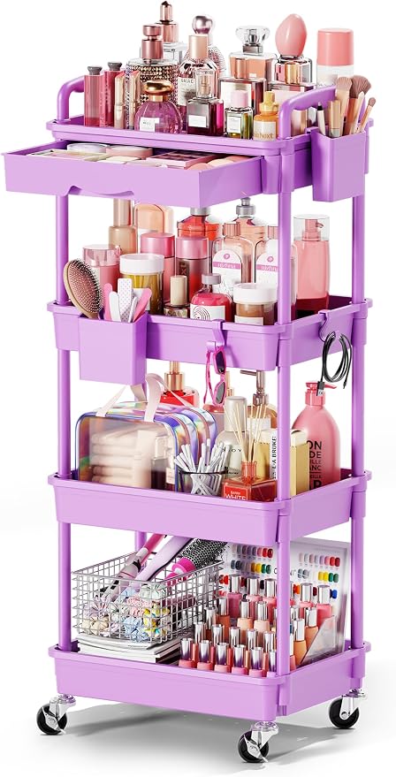 Goovilla Rolling Makeup Organizer Cart with Removable Drawer, 4 Tier Purple | Stable Floor Skincare Storage Cart for Vanity, Cosmetic Display, Nail Polish, Perfume, Hair Stuff, Beauty, Bathroom(Plastic) by Goovilla