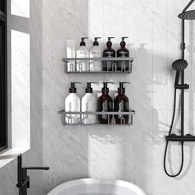 Getsrichfc Shower Caddy Adhesive, Rustproof Shower Shelves for Inside Shower, Large Capacity Bathroom Organizers and Storage, Shower Storage with Removable Hooks, No Drill Bathroom Accessories Grey - Image 8