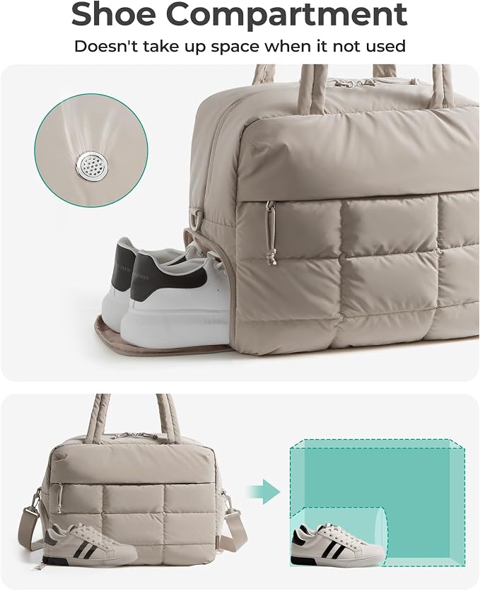 BAGSMART Gym Bag for Women, Carry on Travel Duffel Bag, Water-resistant Weekender with Shoe Compartment for Gym Travel Work, Khaki, Large - Image 5