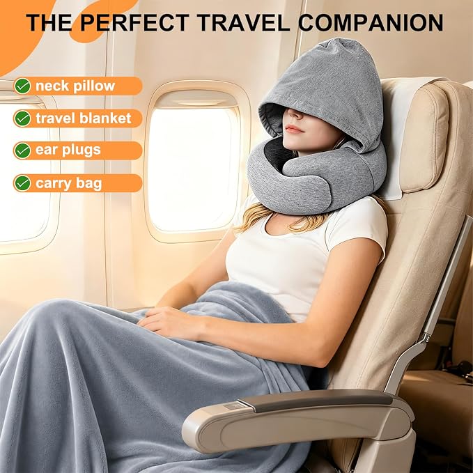 Travel Pillow and Blanket Set for Airplane, Hooded Memory Foam Neck Pillow | Soft blanket, privacy hood, earplugs, carry bag and memory foam neck support for airplane travel, long flights and road trips - Image 2