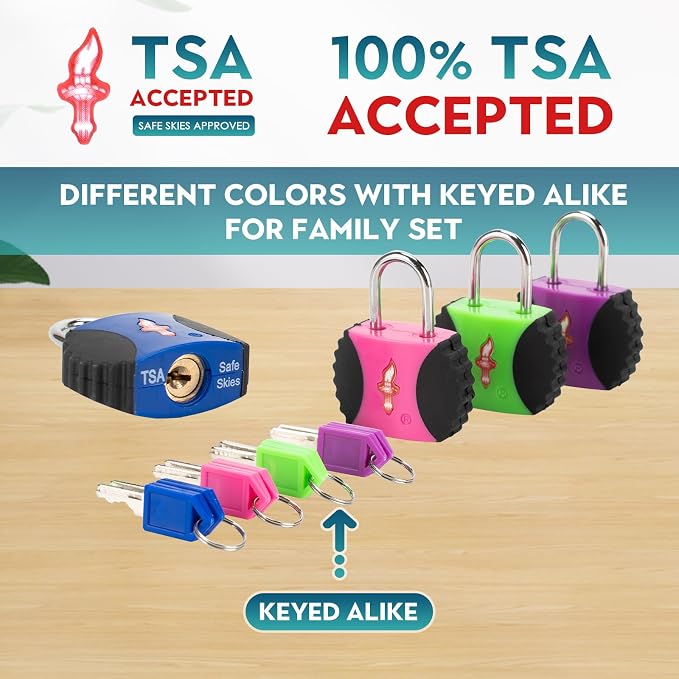 Safe Skies 4-Pack 4-Color Family TSA Travel Key Lock | 4 Colors for Family (Pink/Blue/Purple/Green) | Keyed Alike | 2 Keys/Lock | TSA Safe Skies Approved | 90-Day Warranty - Image 3