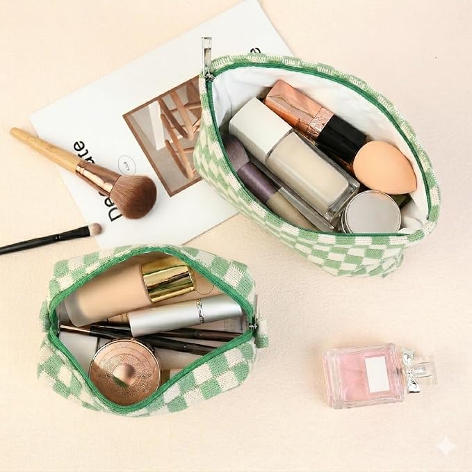 SOIDRAM 2 Pcs Checkered Makeup Bag Large Cosmetic Bag Toiletry Bag Makeup Pouch Travel Bag Organizer Cute Makeup Brushes Aesthetic Accessories Storage Bag for Women Green - Image 7