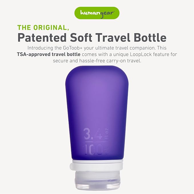 humangear GoToob+ (Large) | Refillable Silicone Travel Bottle | Locking Lid | Food-Safe Material | Purple, Large (3.4 fl.oz.; 100ml) | Refillable & Leak-Proof Silicone Travel Size Bottles with Locking Cap for Toiletries, Camping & TSA Carry-On - Image 2