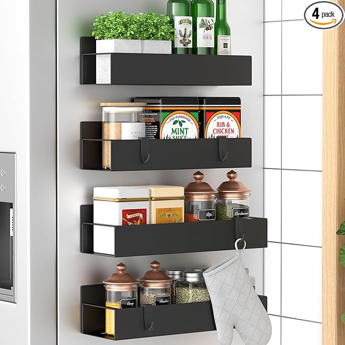 HuggieGems Metal Magnetic Spice Rack for Refrigerator Black, 4 Pack | Magnetic Shelves Heavy Duty for Fridge in Kitchen, Seasoning Storage Organizer, For Oven Washer and Dryer, For Heavier Items by HuggieGems