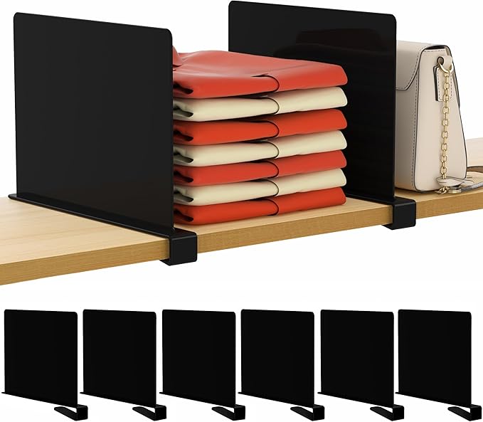 HBlife 6 Black Shelf Dividers, Vertical Purse Organizer for Closet Perfect for Sweater, Shirts, Handbags in Bedroom and Kitchen, Adjustable Acrylic Bookshelf for Organization by HBlife