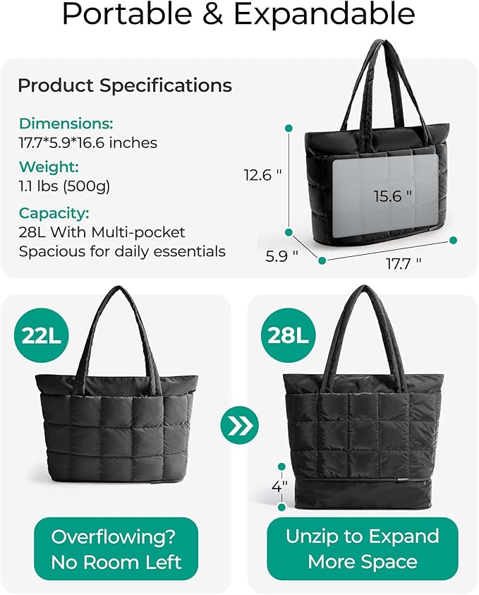 BAGSMART Expandable Tote Bag for Women, Puffer Work Tote Travel Bag | Quilted Carry On Bag for Travel Work Gym College, Waterproof Travel essentials - Image 2