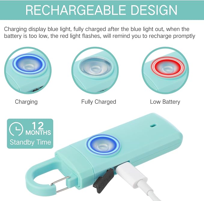 Tellegloww 6 Pcs 130 dB Personal Safety Alarm for Women, Personal Alarm Keychains Loud Siren with LED Strobe Light & Low Battery Notice Rechargeable Self Defense Keychain for Mom(Black,Pink,Blue,Snap) - Image 5