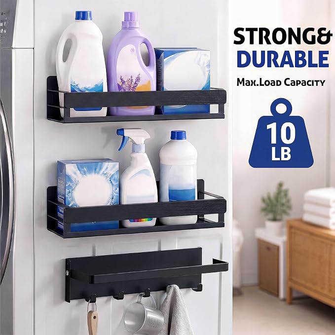 Bamboo 3 Pack Magnetic Shelves for Washing Machine, Black | Magnetic Laundry Shelf, Laundry Room Organization, Heavy-duty Storage for Kitchen Refrigerator, Detergent Holder with Hooks - Image 7