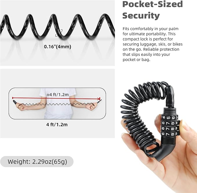 Small Retractable Cable Lock with Code, 4 Digit Combination Lock Outdoor Travel Essentials for Ski Snowboard, Luggage, Suitcase, Motorcycle Helmet, Kids Bike, Stroller Anti Theft, 2-Pack - Image 4