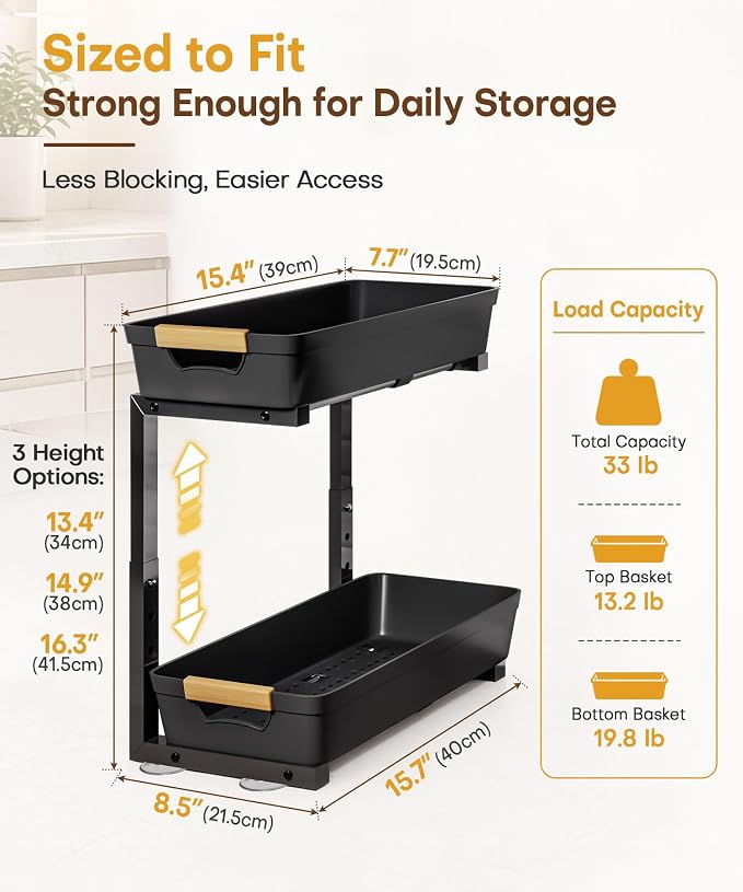 Homde Sliding Under Sink Organizer: 2-Pack Pull-Out Rack for Kitchen | 4 Easy-Access Baskets for Cluttered Cabinets - Busy Families Find Everything Instantly - Full-Extension Glide Design - Image 7
