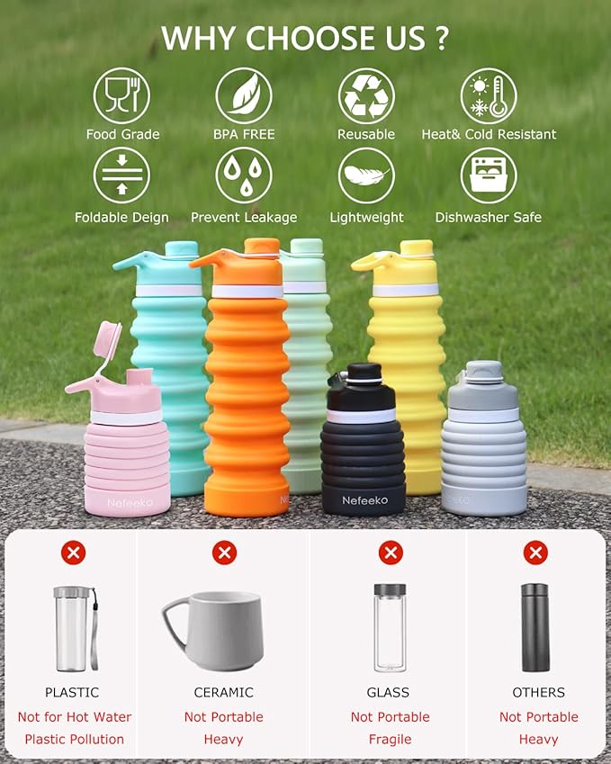 Nefeeko Collapsible Water Bottle, 26oz Silicone Foldable Water Bottles | Leakproof BPA Free Travel Water Bottles with Carabiner,Portable Sport Water Bottles for Camping,Hiking Outdoor Indoor Sport - Image 5