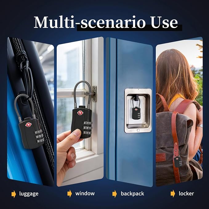 BLOSSOM TSA Approved Luggage Lock with Flexible Steel Cable 3-Dial Combination Padlock for Suitcases, Backpacks & Bags Keyless Travel Lock with Cut-Resistant Cable & Zinc Alloy Body (4 Pack) (4) - Image 7