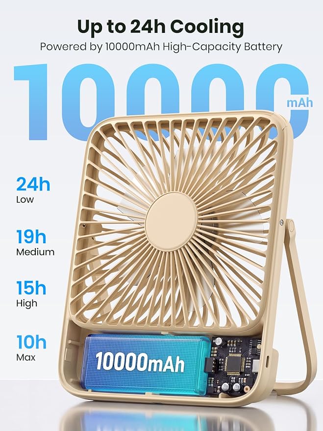 Warmco D3 Portable Travel Fan 10000mAh, Ultra-Slim, 24H Runtime | Quiet 7-Inch Rechargeable Desk Fan, Digital Display For Sleeping, Office, Bedroom & Cruise - Image 2