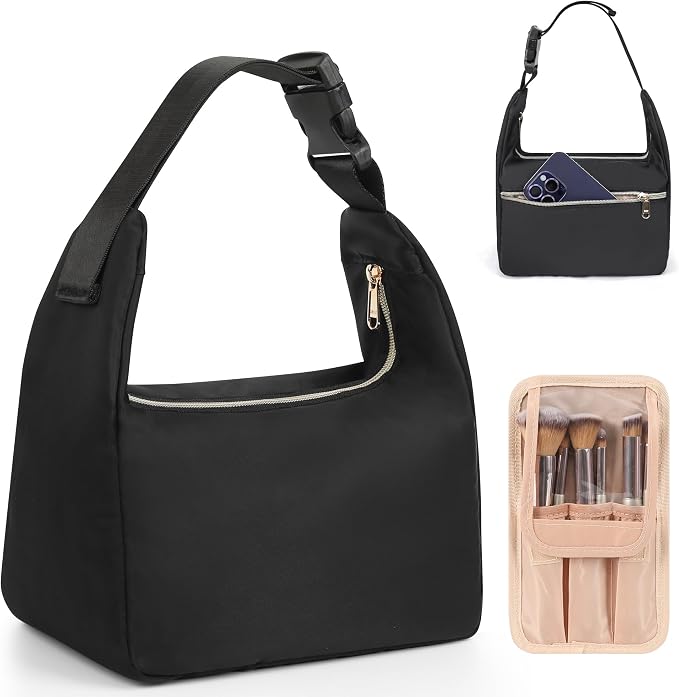 Relavel Portable Makeup Bag for Travel, Separate Makeup Brush Compartment | Cosmetic Shoulder Bag with Removable Buckle, Compact Toiletry Organizer Storage with 3 Small Pockets, Easy to Clean by Relavel