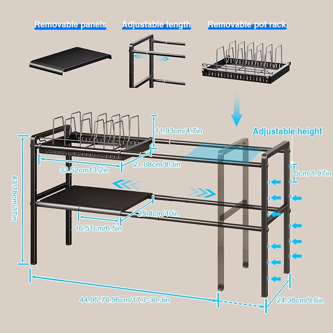 Mustorn Pots and Pans Organizer Under Cabinet, Expandable 2 Tier Under Sink Organizers and Storage Adjustable Height Kitchen Pot and Pan Lid Holder Rack with 6 Dividers(6panels,1 Pot rack, Black) - Image 2
