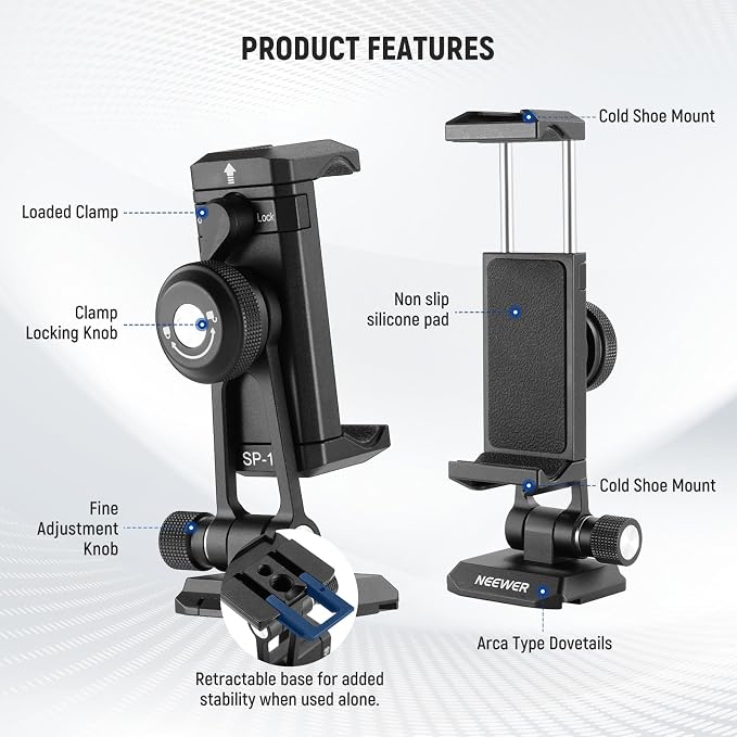 NEEWER Phone Tripod Mount Adapter with Arca Type QR Base, Cold Shoe, SP-18 | 1/4" 3/8" Holes, 360° Swivel, 180° Tilt, Phone Holder Compatible with iPhone Samsung Arca Swiss DJI RS 4 Pro 3 2 Stabilizer - Image 8