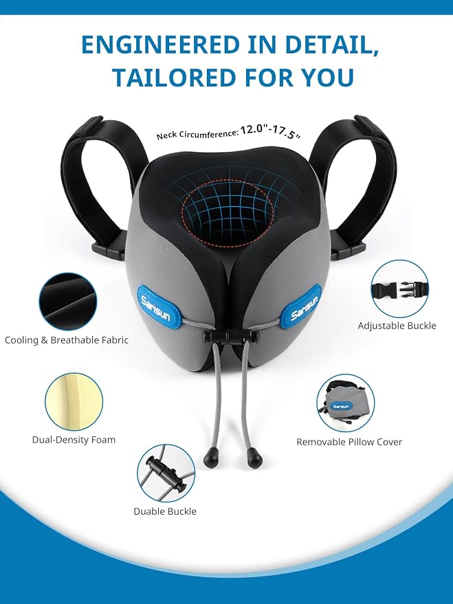 SARISUN Travel Neck Pillow for Airplane, Combo 3D Eye Mask and Seat Strap | 360°Airplane Sleep Support,Premium Memory Foam,Adjustable Buckle,Travel Essential for Long-Haul Flights,Car Road Trip Grey - Image 7