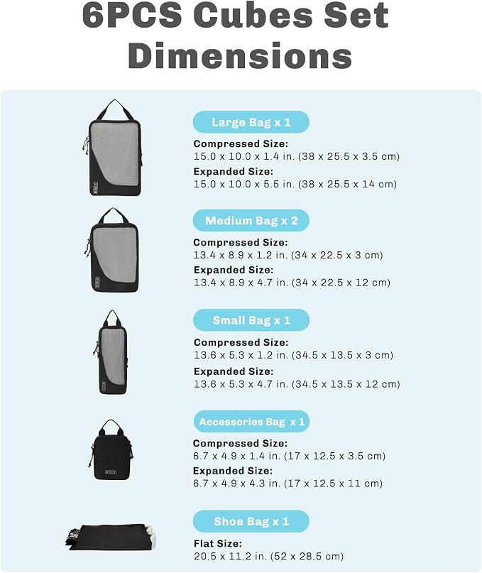 6 Set/ 4 Set/ 2 Set Compression Packing Cubes Travel Essentials Lightweight Nylon Luggage Suitcase Organizer Bag Black 6PCS - Image 2